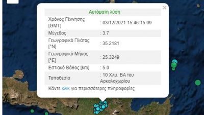 Νέα σεισμική δόνηση στο Αρκαλοχώρι έγινε αισθητή και στο Ηράκλειο