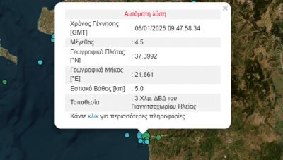 Σεισμός 4,5 Ρίχτερ στην Ηλεία