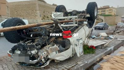 Τρομακτικό τροχαίο στην Παραλιακή του Ηρακλείου-Βγήκε σώος ο οδηγός από το πλήρως κατεστραμμένο αυτοκίνητο (Φωτο)