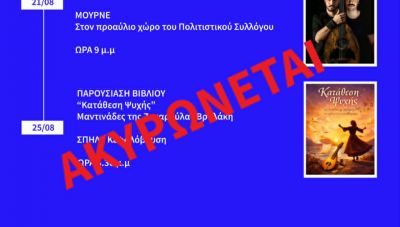 Ακυρώνονται όλες οι πολιτιστικές εκδηλώσεις του Αυγούστου στον δήμο Αγ. Βασιλείου